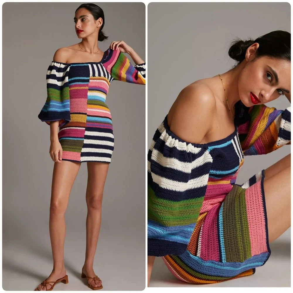 Farm Rio Mixed Stripes Crochet Knit Mini Dress – XL – NWT – Anthropologie - Picture 1 of 12